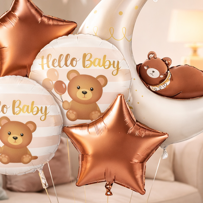 Welcome Baby Moon and Bear Shaped Helium Filled Balloon Bouqet Set of 5PC