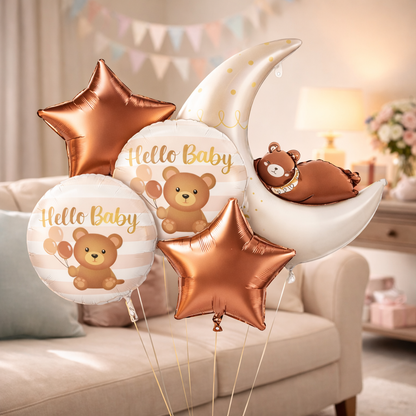 Welcome Baby Moon and Bear Shaped Helium Filled Balloon Bouqet Set of 5PC