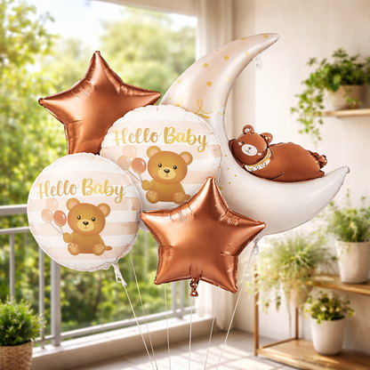 Welcome Baby Moon and Bear Shaped Helium Filled Balloon Bouqet Set of 5PC