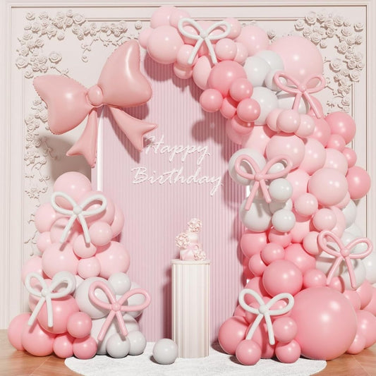 Pink Bow Foil Balloon with Pastel Pink and White Balloon Garland Kit - 80PC