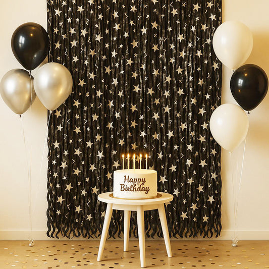 Curly Black and Silver Star Foil Curtain - 6FT x 3FT - 1PC
