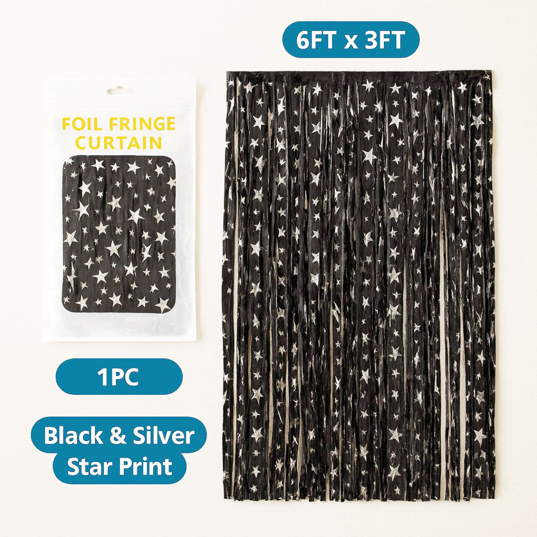Curly Black and Silver Star Foil Curtain - 6FT x 3FT - 1PC