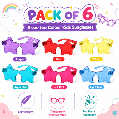 Star Shaped Multicolor Rimless Sunglases for Kids & Adults - 6PC