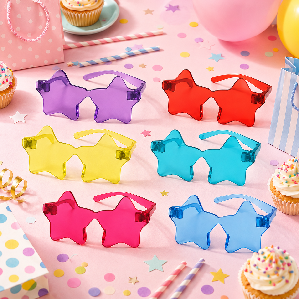 Star Shaped Multicolor Rimless Sunglases for Kids & Adults - 6PC