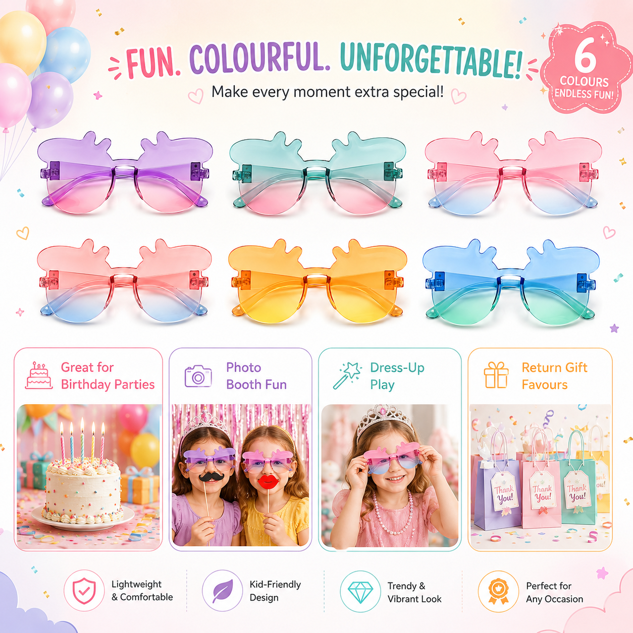 Peppa Pig Themed Multicolor Rimless Sunglasses for Kids - 6PC