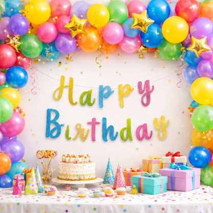 Happy Birthday Mulitcolor Glitter Cursive Banner - 1PC