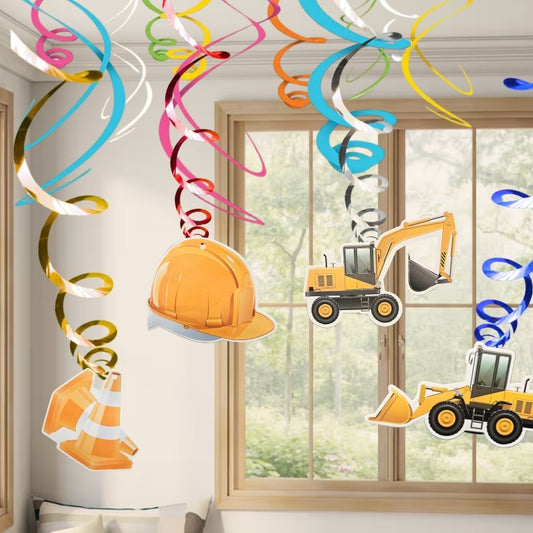 Under Construction Theme Swirl Hanging Decor w/ Cardstock Cutouts - 12 PC