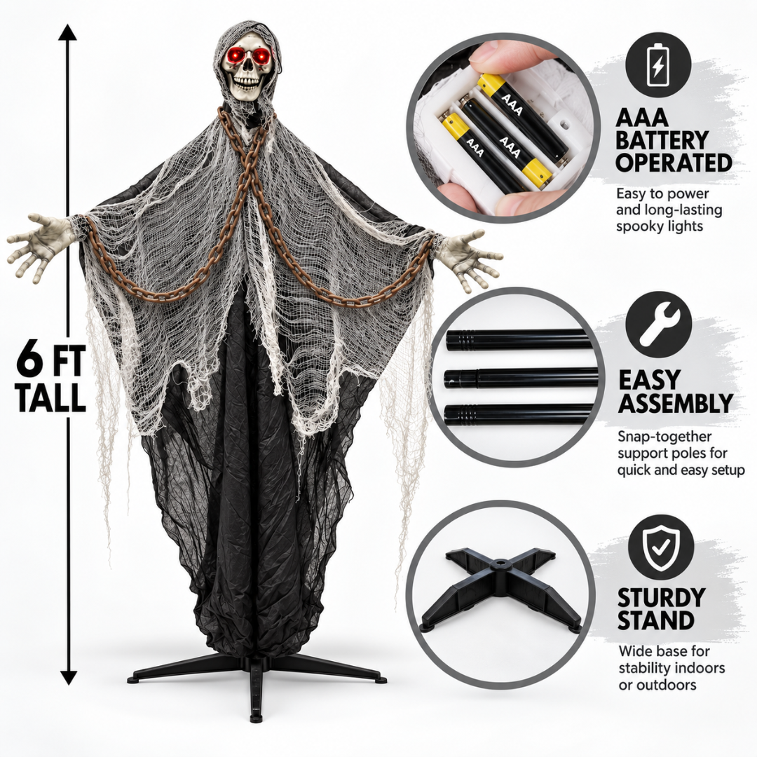 Standing Skeleton 6FT with LED Eyes Sound - Halloween Decor | Wanna Party