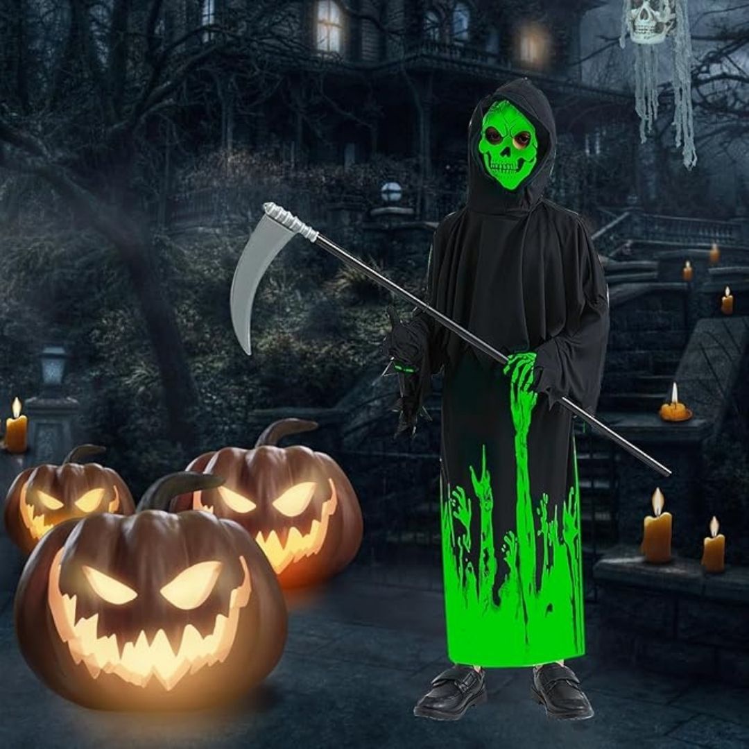 Glow in the Dark Hoody Mask Ghost Costume with Glow Gloves - Size M - Age 5 to 7 Years