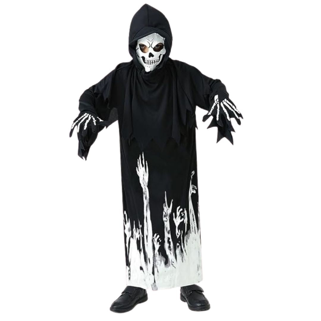Glow in the Dark Hoody Mask Ghost Costume with Glow Gloves - Size M - Age 5 to 7 Years