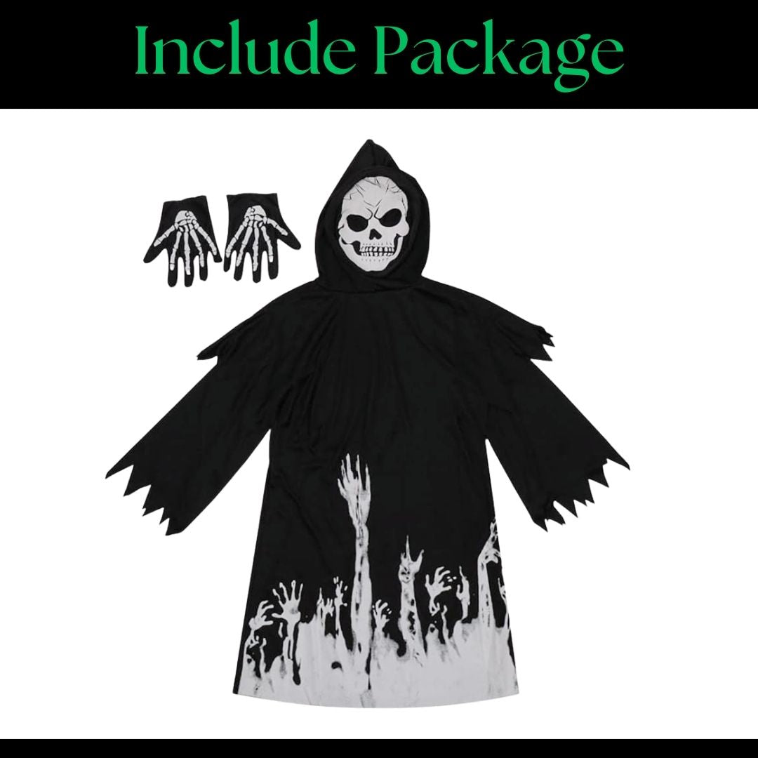 Glow in the Dark Hoody Mask Ghost Costume with Glow Gloves - Size M - Age 5 to 7 Years