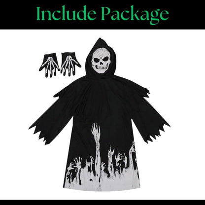 Glow in the Dark Hoody Mask Ghost Costume with Glow Gloves - Size M - Age 5 to 7 Years
