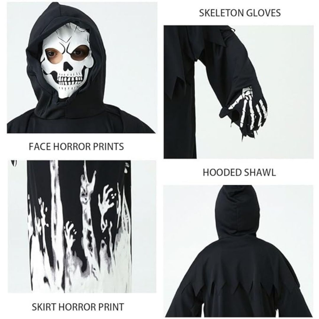 Glow in the Dark Hoody Mask Ghost Costume with Glow Gloves - Size M - Age 5 to 7 Years