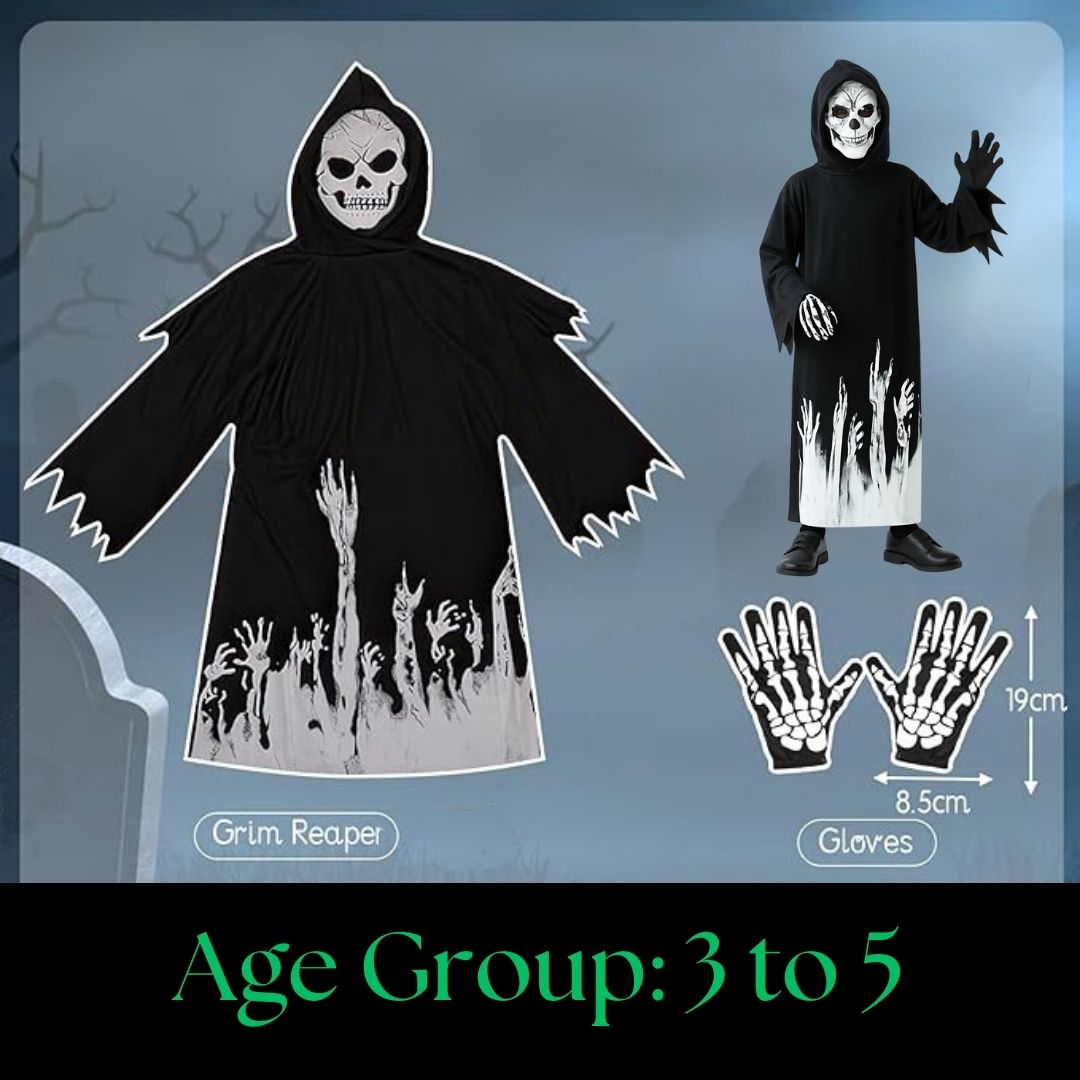 Glow in the Dark Hoody Mask Ghost Costume with Glow Gloves - Size M - Age 5 to 7 Years