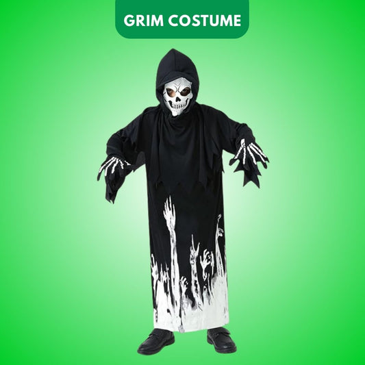 Glow in the Dark Hoody Mask Ghost Costume with Glow Gloves - Size L - Age 7 to 9 Years