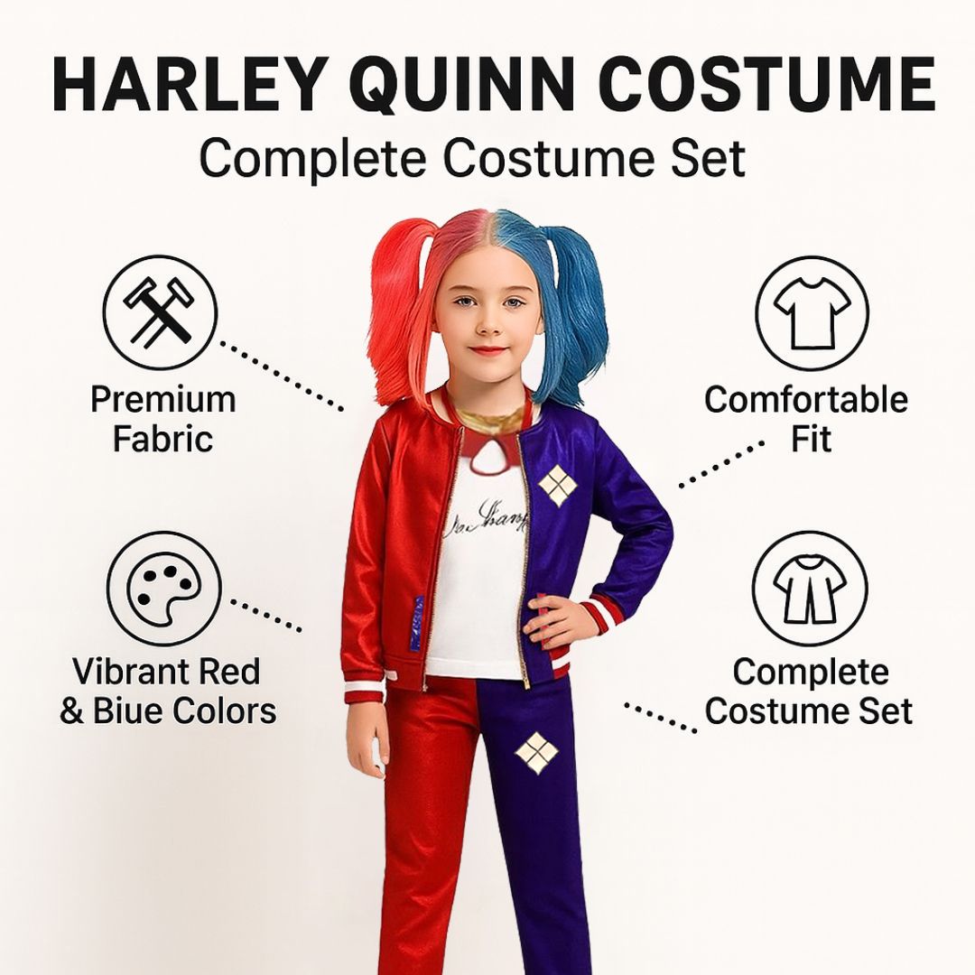 Harley Quinn Red & Blue Costume with Jacket, Pants and Sleevless Tees - Size - M - Age 5 to 7
