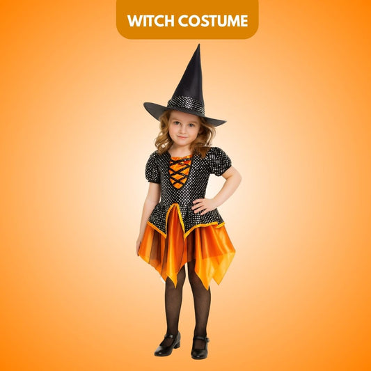 Witch Dress Black and Orange with Witch Hat - Size M - Age 5 to 7 Years