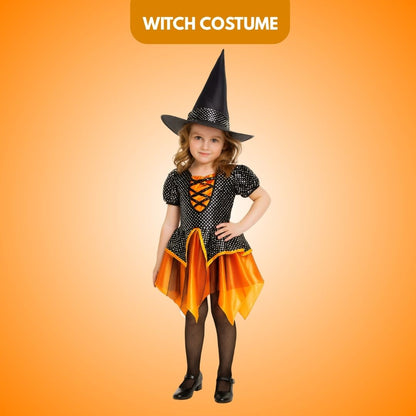 Witch Dress Black and Orange with Witch Hat - Size L - Age 7 to 9 Years