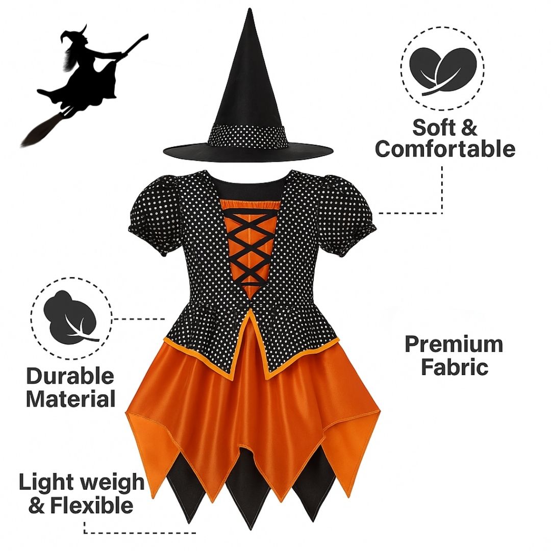 Witch Dress Black and Orange with Witch Hat - Size L - Age 7 to 9 Years
