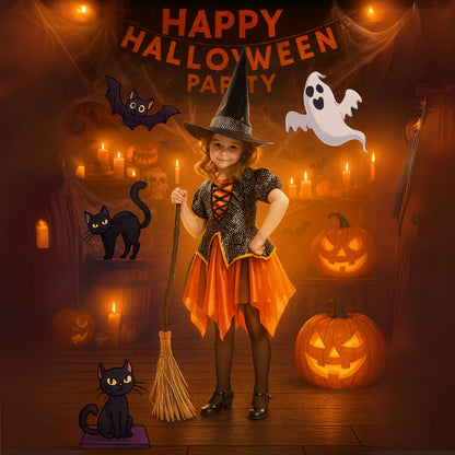 Witch Dress Black and Orange with Witch Hat - Size L - Age 7 to 9 Years
