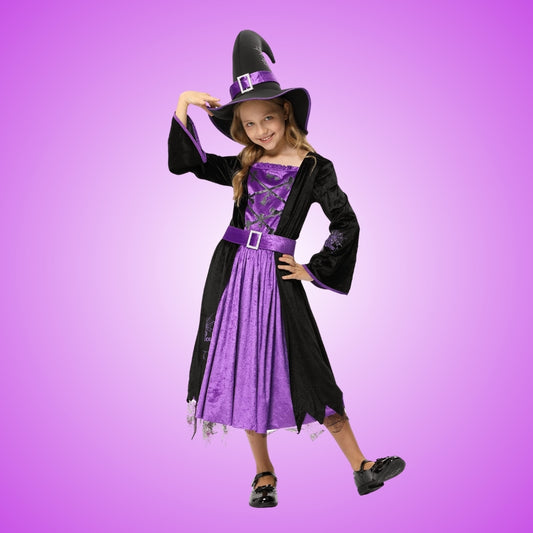 Witch Dress Black and Purple with Purple Waist Belt and Designer Black Witch Hat wtih Purple Spider Print - Size L - Age 7 to 9 Years