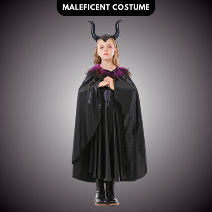 Maleficient Costume with Black Leathery Vest, Black Capes with Black and Purple Feathers and Black Maleficient Glittery Headband - Size L - Age 8 to 10