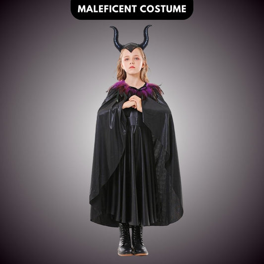 Maleficient Costume with Black Leathery Vest, Black Capes with Black and Purple Feathers and Black Maleficient Glittery Headband - Size L - Age 8 to 10