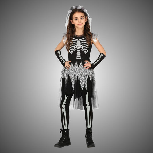 Sassy Skeleton Jumpsuit Costume with  Tutu and Floral Headband with White Veil - Size M - Age 5 to 7