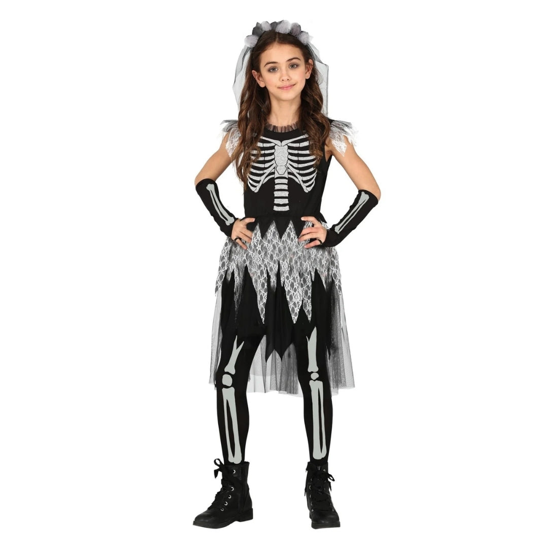 Sassy Skeleton Jumpsuit Costume with  Tutu and Floral Headband with White Veil - Size L - Age 7 to 9