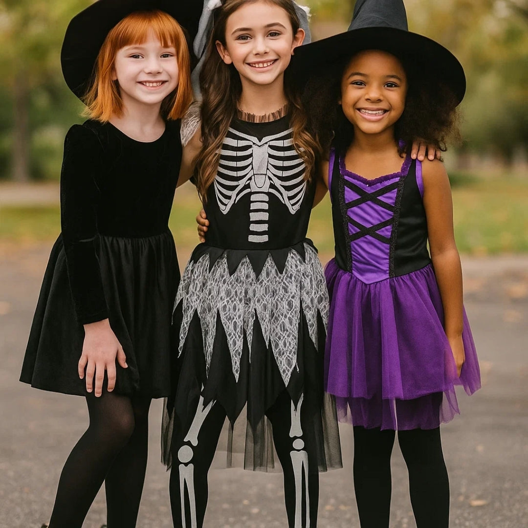 Sassy Skeleton Jumpsuit Costume with  Tutu and Floral Headband with White Veil - Size L - Age 7 to 9
