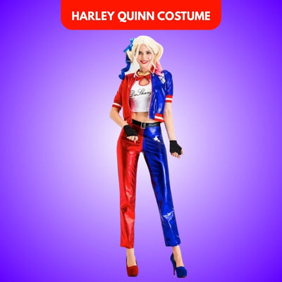 Harley Quinn Red & Blue Adult Costume with Jacket, Pants and Sleeveless Tees
