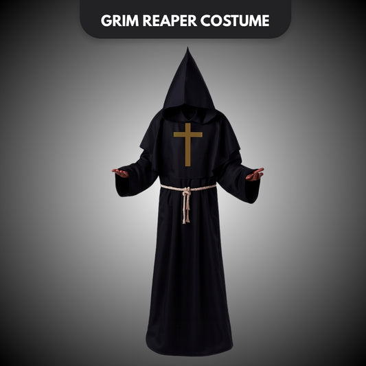 Friar Medieval Hooded Monk Priest Adult Robe Costume with Cross Sign and Rope - Size L