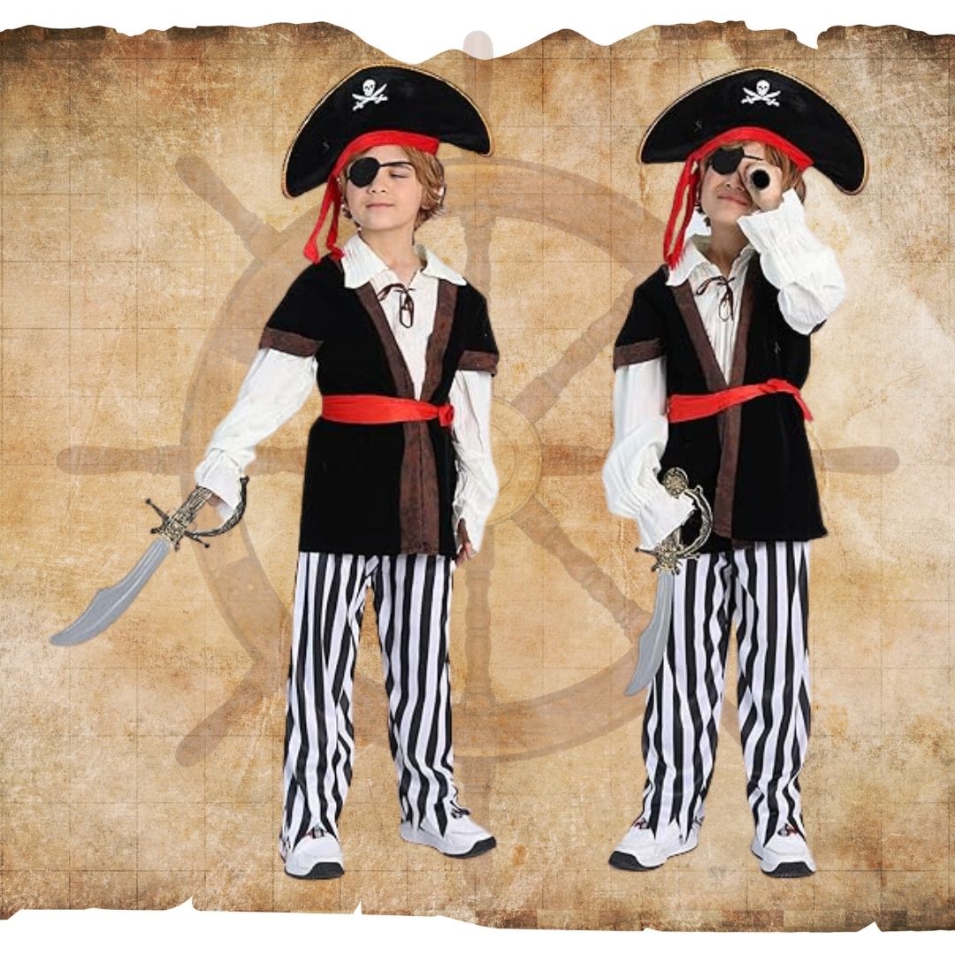 Smart Pirate Costume with Vest, Pants, Waist Belt, Hat & Eye Patch - Size L - Age 7 to 9 Years