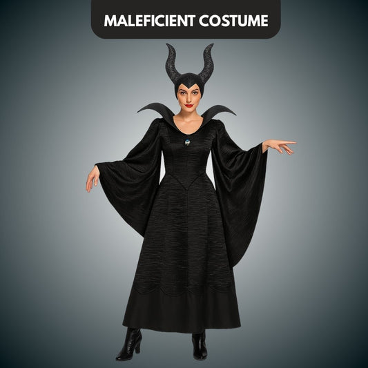 Maleficient Costume with Black Leathery Vest, Black Capes with Black and Purple Feathers and Black Maleficient Glittery Headband - Size XL - Age 10 to 12