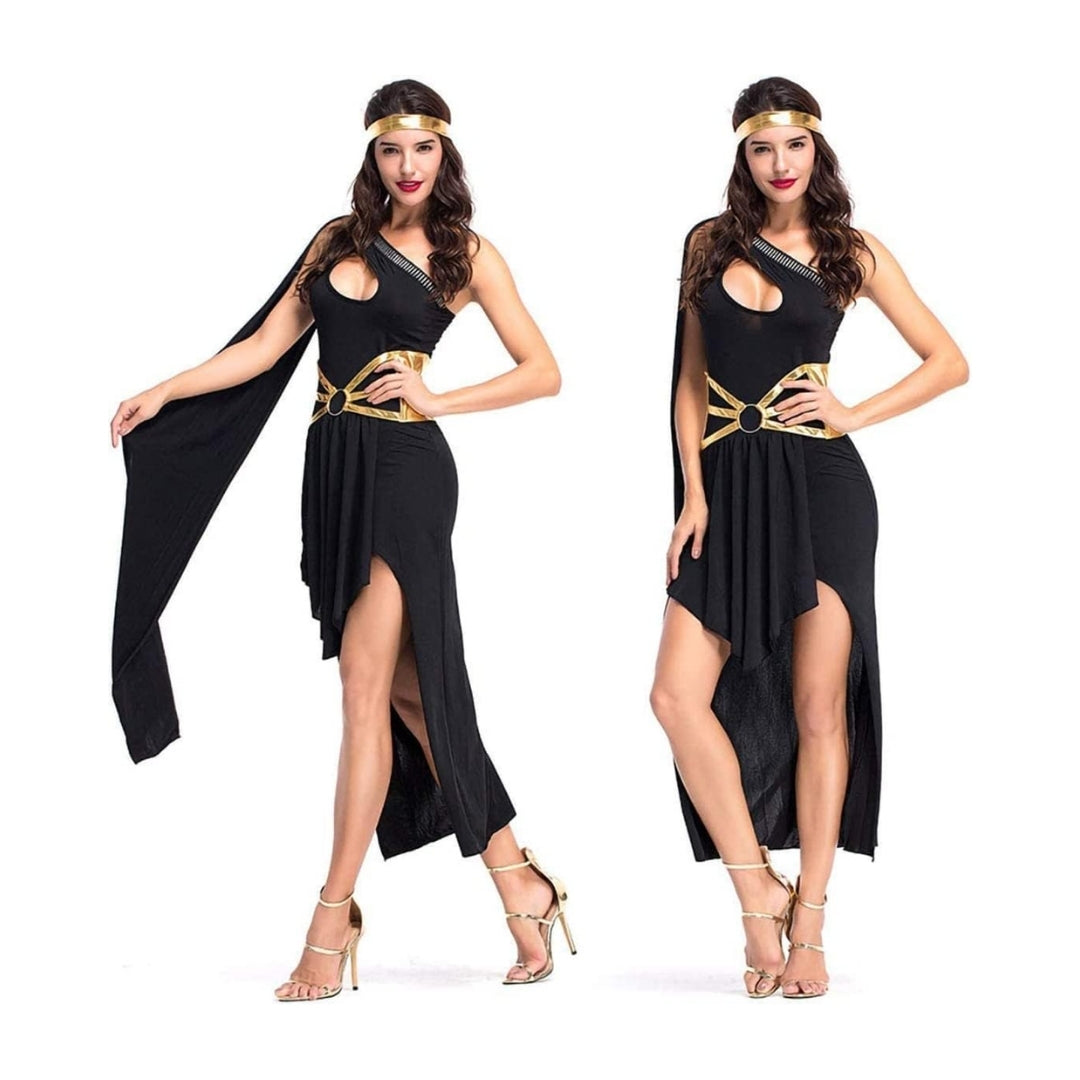 Fancy Greek Goddess Black Halloween Costume w/ Golden Belt for Women - Size L - 36 Inches