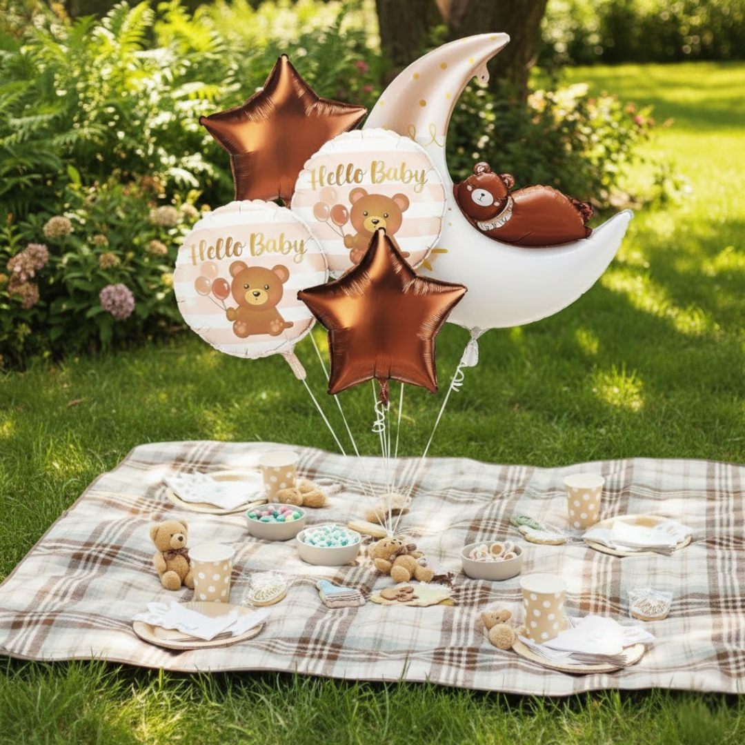 Welcome Baby Moon and Bear Shaped Helium Filled Balloon Bouqet Set of 5PC