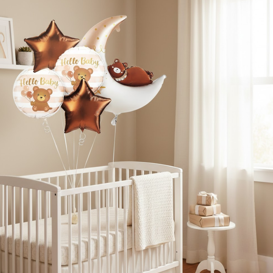 Welcome Baby Moon and Bear Shaped Helium Filled Balloon Bouqet Set of 5PC