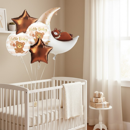 Welcome Baby Moon and Bear Shaped Helium Filled Balloon Bouqet Set of 5PC