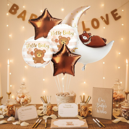 Welcome Baby Moon and Bear Shaped Helium Filled Balloon Bouqet Set of 5PC