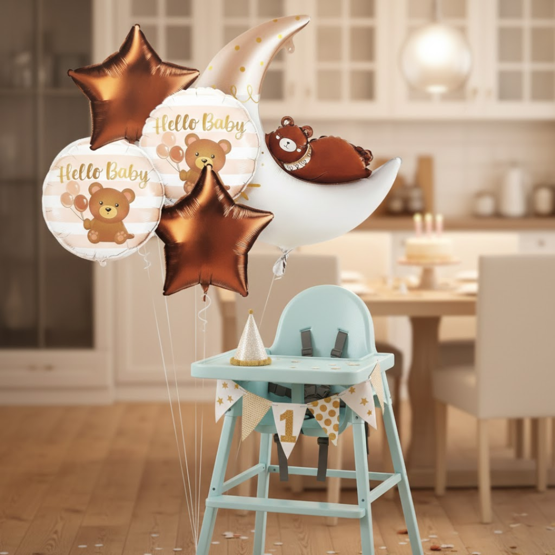 Welcome Baby Moon and Bear Shaped Helium Filled Balloon Bouqet Set of 5PC