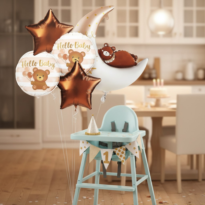 Welcome Baby Moon and Bear Shaped Helium Filled Balloon Bouqet Set of 5PC