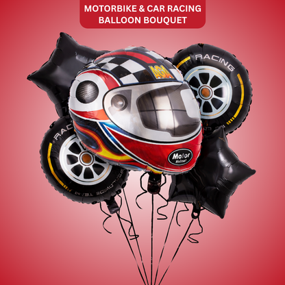 Motorbike & Car Racing Foil Balloon Bouquet Set of 5 | Helium Supported | Kids Birthday Racing Theme Party Decoration