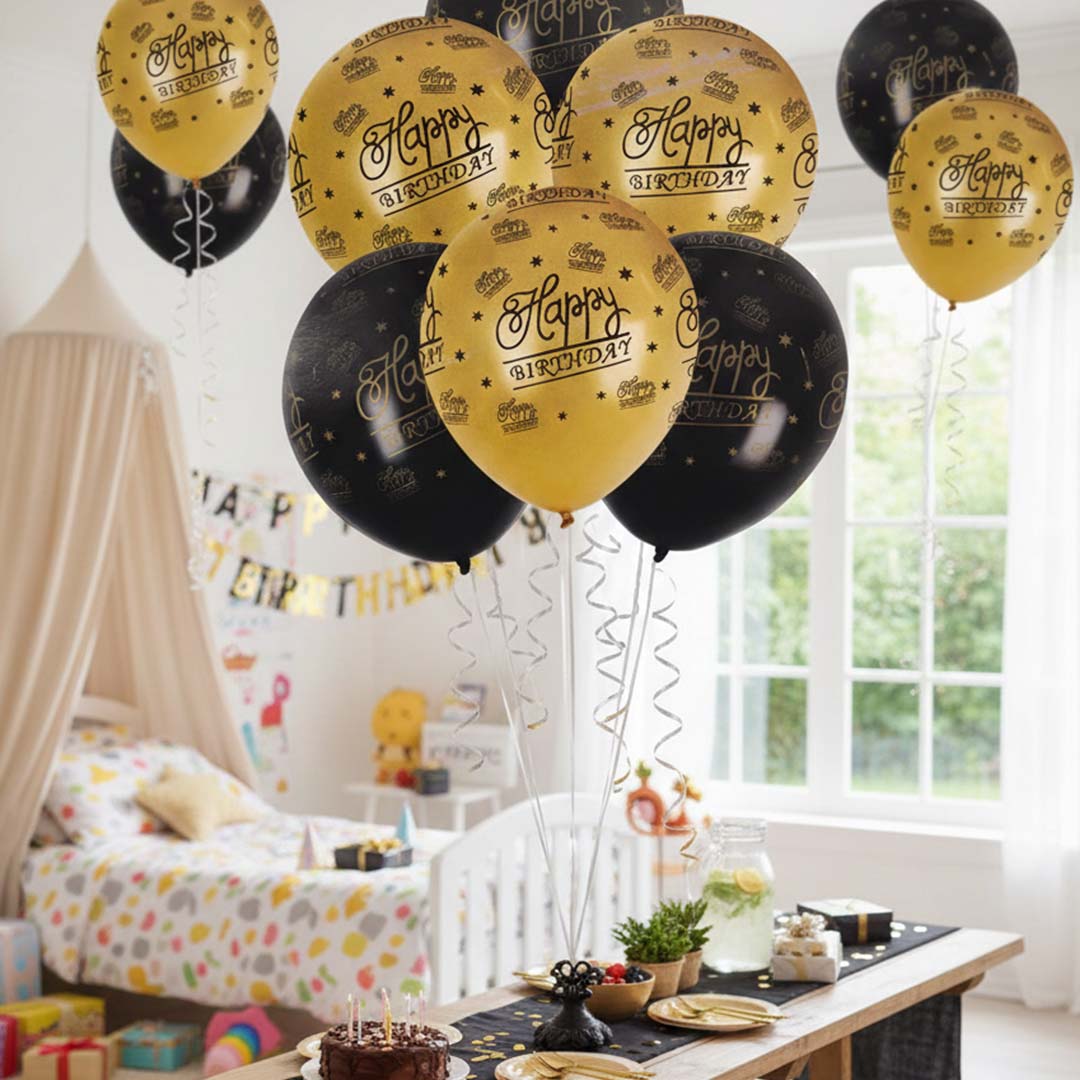 Happy Birthday Black & Gold Printed Latex Balloon Set 12" - Pack of 6