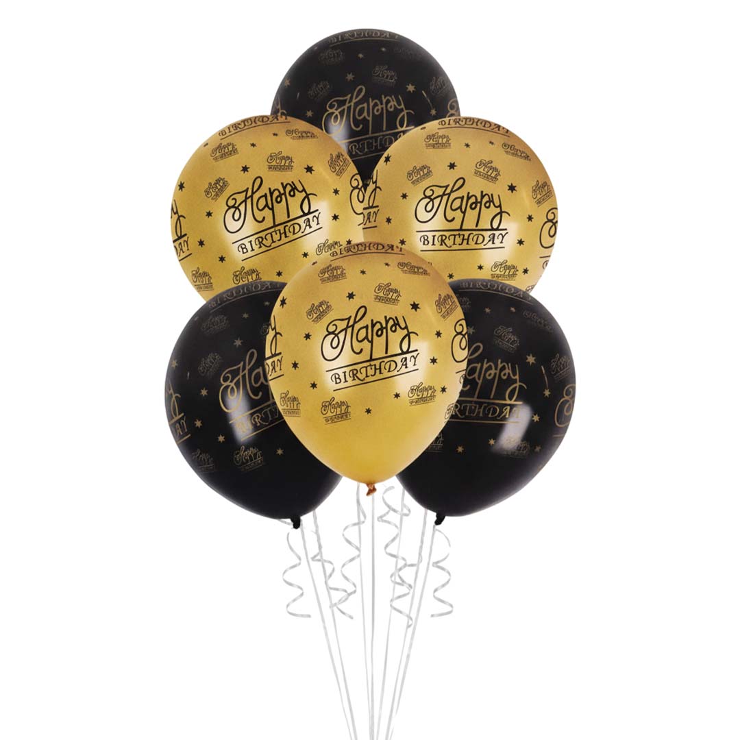 Happy Birthday Black & Gold Printed Latex Balloon Set 12" - Pack of 6