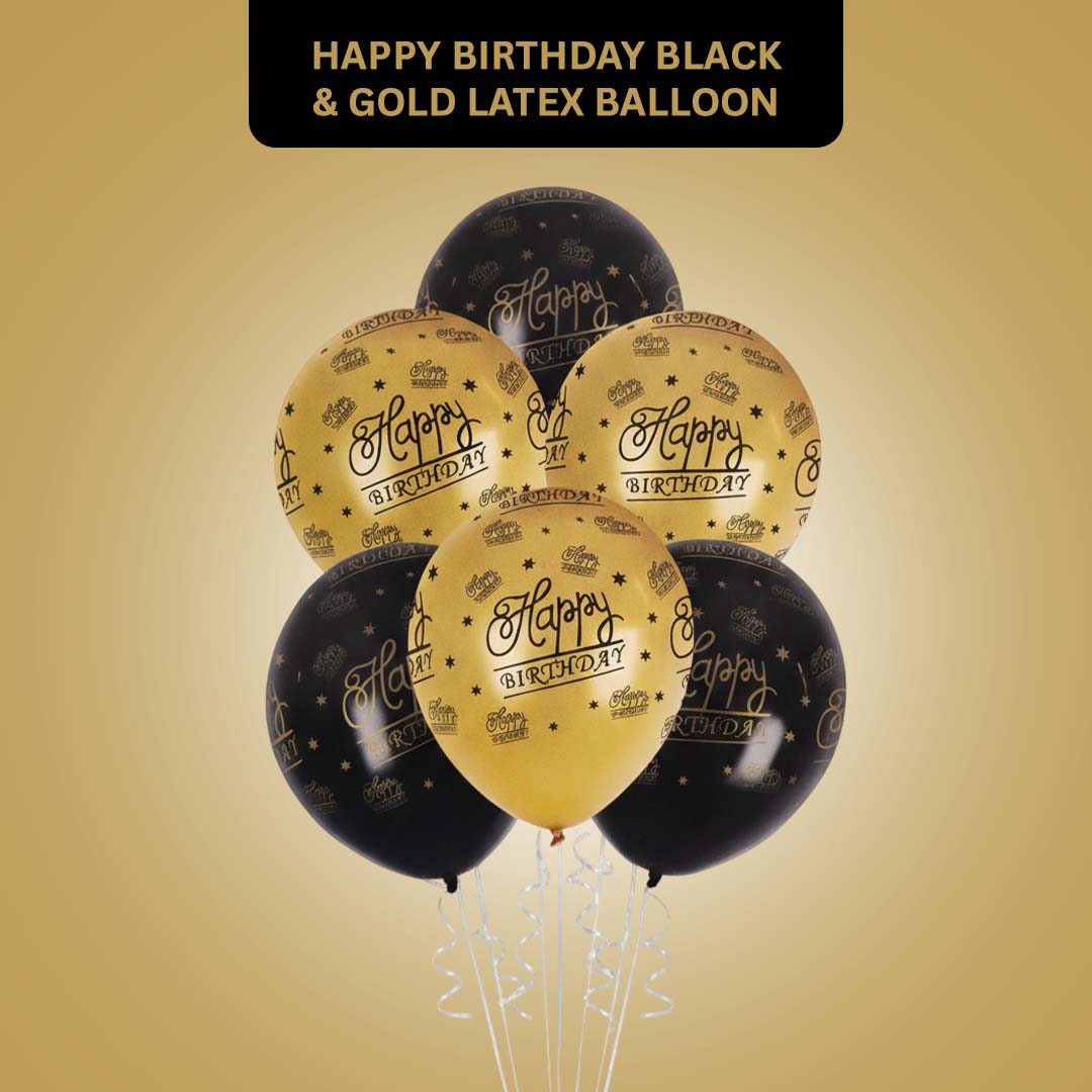Happy Birthday Black & Gold Printed Latex Balloon Set 12" - Pack of 6