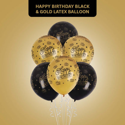 Happy Birthday Black & Gold Printed Latex Balloon Set 12" - Pack of 6