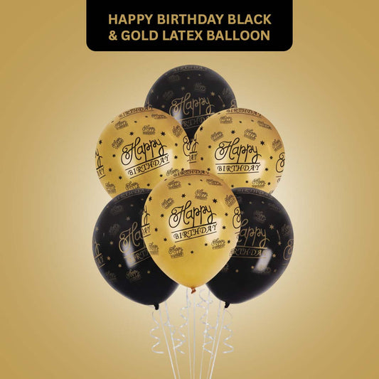Happy Birthday Black & Gold Printed Latex Balloon Set 12" - Pack of 6
