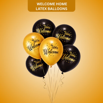 Welcome Home Black & Gold Latex Balloons Pack of 6 (12 Inch) | Printed Party Balloons | Homecoming Decoration