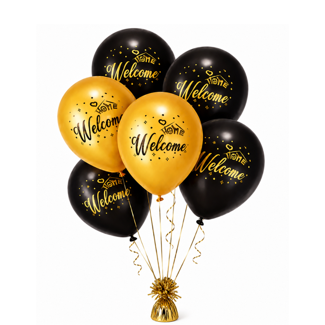 Black & Gold Welcome Home Latex Balloons (12 Inch, Pack of 6) Helium Filled & Delivered Inflated
