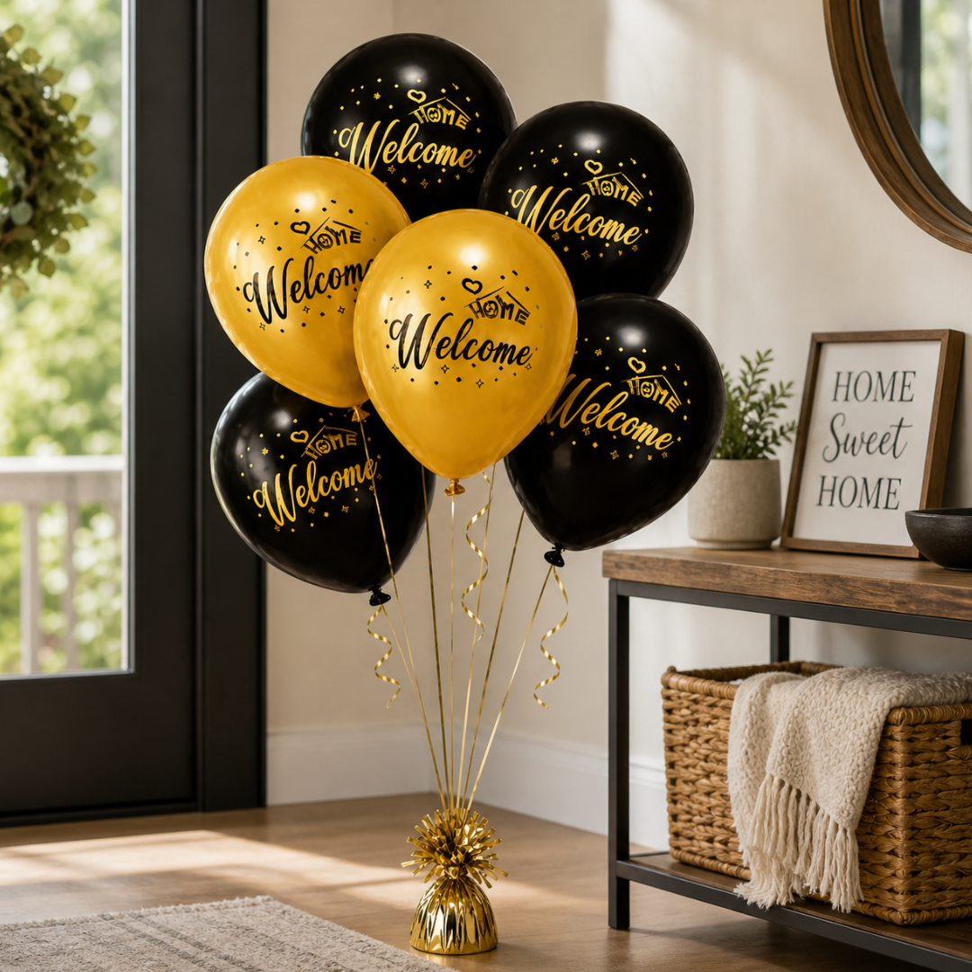 Black & Gold Welcome Home Latex Balloons (12 Inch, Pack of 6) Helium Filled & Delivered Inflated